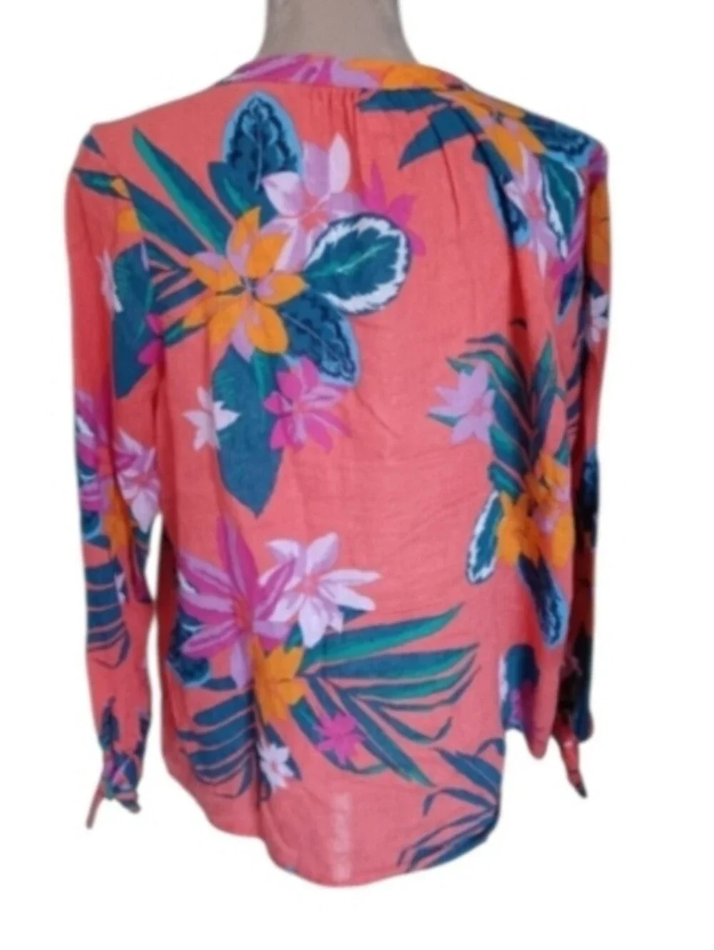 Old Navy ~ Coral Tropical Floral Linen Blend Tie Sleeve Blouse - Picture 9 of 10